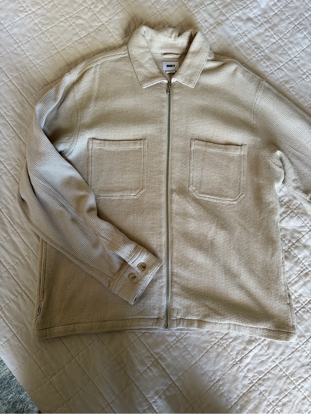 Obey Men’s Cream Waffle Knit Zip Shirt Jacket